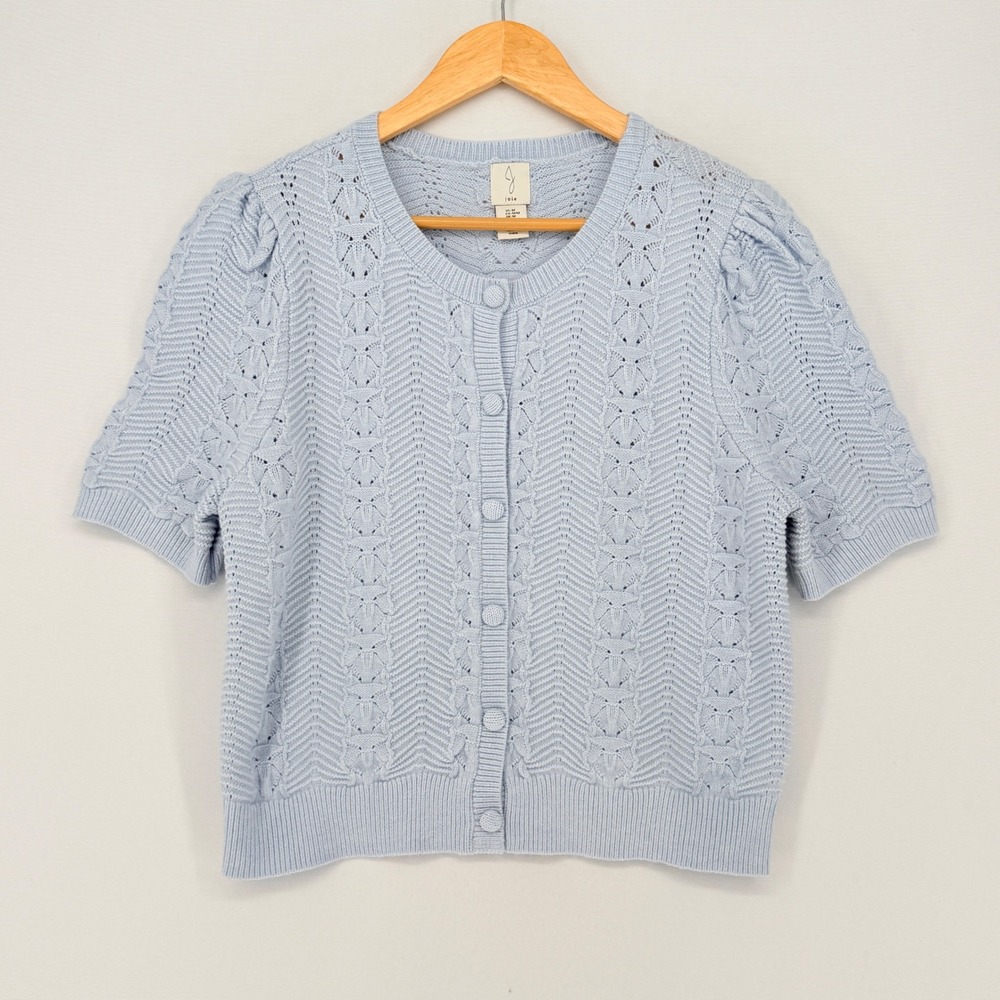 Joie Cardigan Sweater Womens Medium Blue Short Sleeve Pointelle Cottagecore Soft